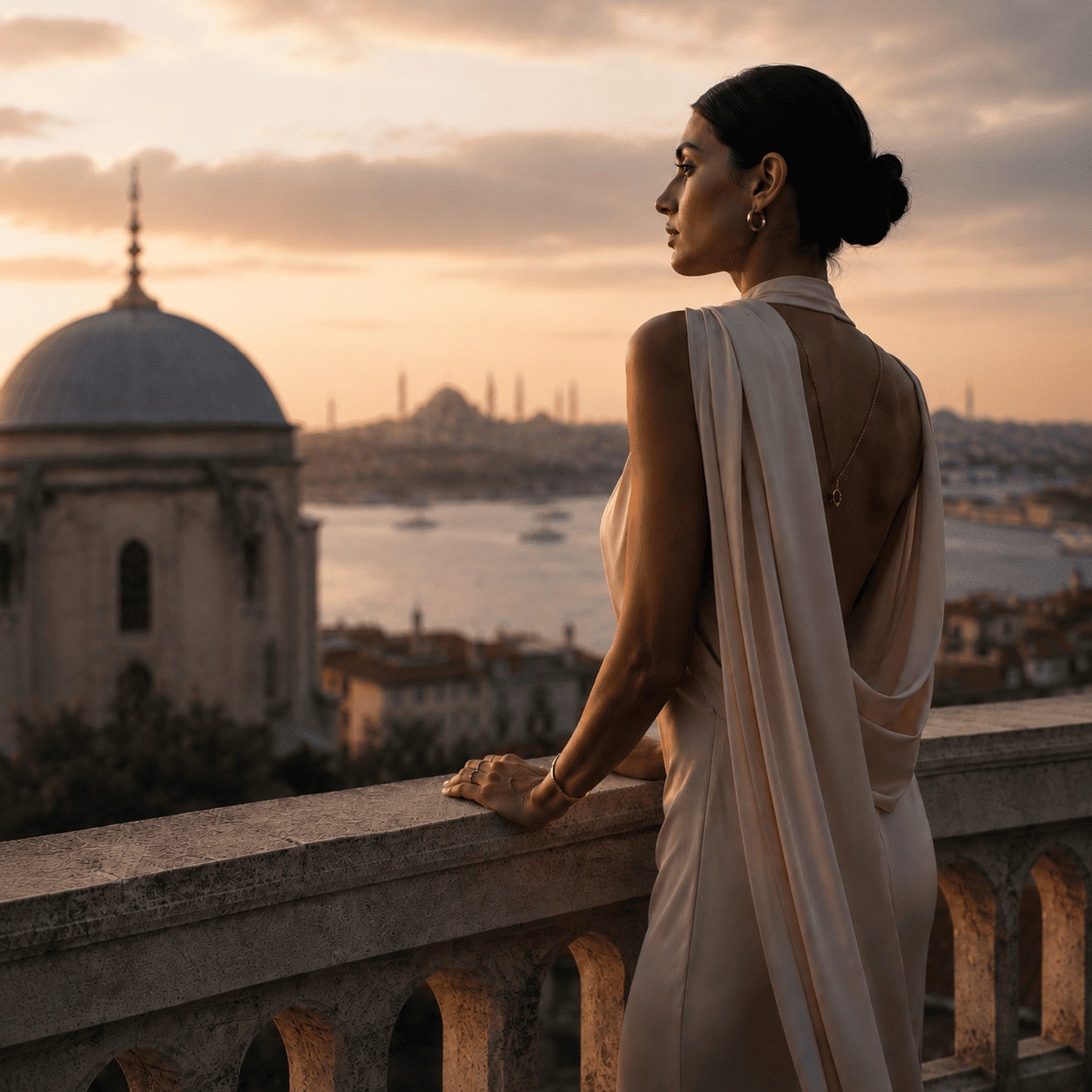 ALARÉ campaign photography above the Bosphorus at sunset